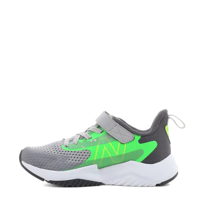 Medial side of New Balance Kids' Rave Run V2 Running Shoe in grey and neon green