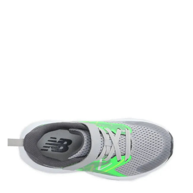 Upper of New Balance Kids' Rave Run V2 Running Shoe in grey and neon green