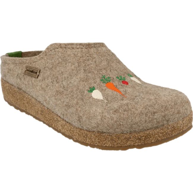 Front angled view of Womens Haflinger Clog Roots in earth brown with small veggies stitched on upper