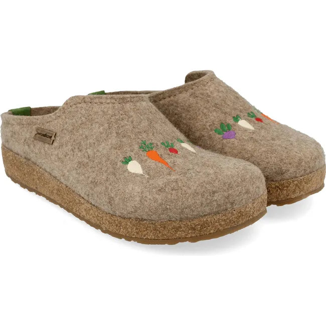 Pair of earth brown Womens Haflinger Clog Roots with small veggies stitched on upper and cork sole