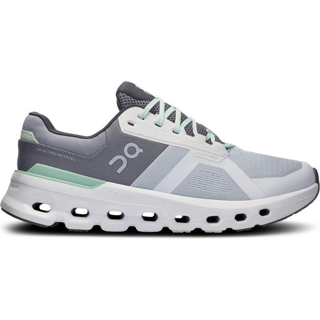 Lateral side of On Cloud Cloudrunner 2 running shoe in light grey, white sole, and green accents