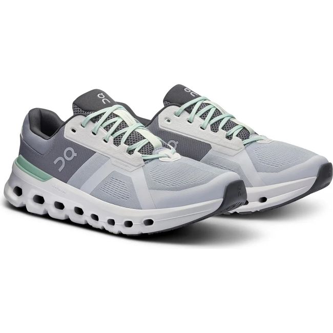 Pair of On Cloud Cloudrunner 2 running shoe in light grey, white sole, and mint green accents