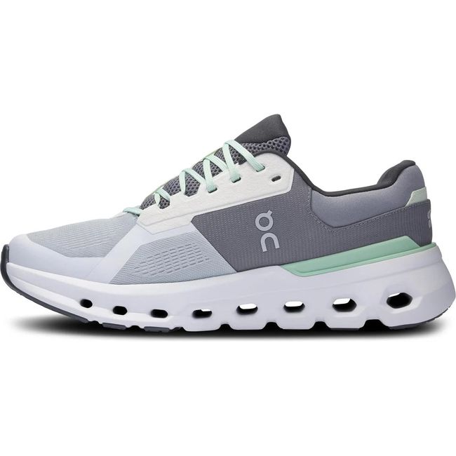 Medial side of On Cloud Cloudrunner 2 running shoe in light grey, white sole, and mint green accents