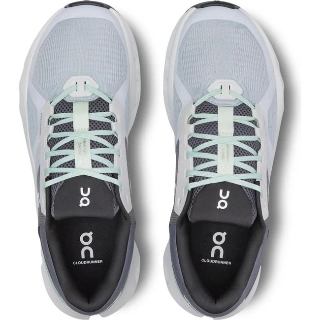 Top-down view of On Cloud Cloudrunner 2 running shoe in grey, dark grey insole and mint green laces