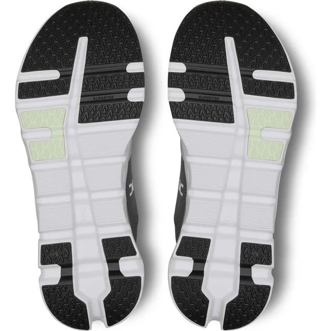 Sole of On Cloud Cloudrunner 2 running shoe in white with black tread sections at forefoot and heel