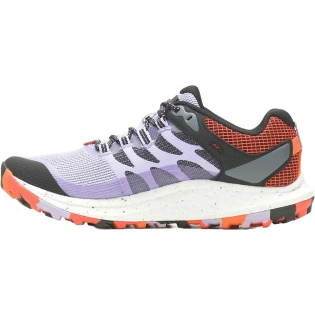 Inside profile view of the Merrell Women's Antora 3 Trail Running Shoe in Orchid purple and orange, highlighting its cushioned insole, arch support, and breathable mesh upper, designed for comfort and stability during trail running.