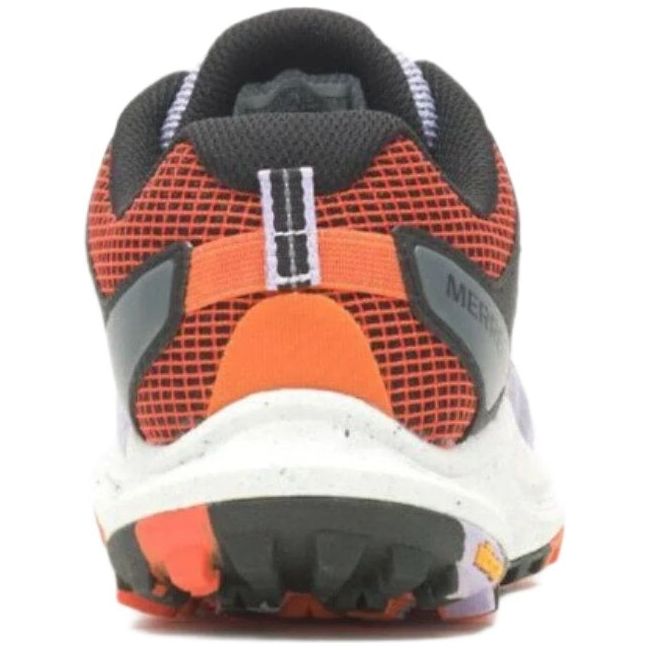 Back view of the Merrell Women's Antora 3 Trail Running Shoe in Orchid purple and orange, highlighting the padded heel collar, reinforced heel counter, and breathable mesh upper, designed for comfort and support during trail running.