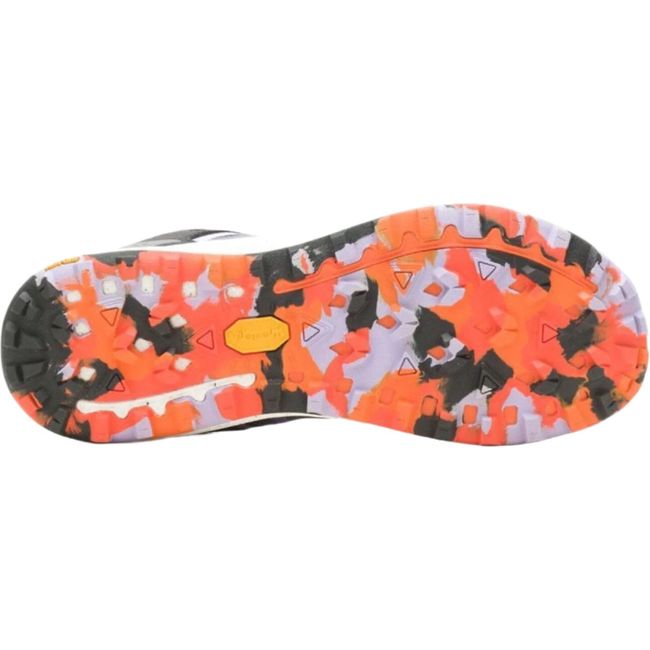 Sole view of the Merrell Women's Antora 3 Trail Running Shoe in Orchid purple and orange, highlighting its rugged outsole designed for traction, along with Vibram tread features that support trail running.