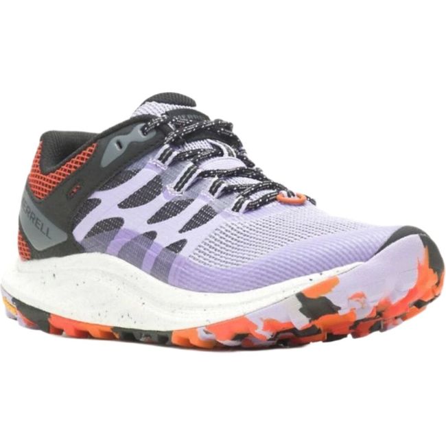 Angled front view of the Merrell Women's Antora 3 Trail Running Shoe in Orchid purple and orange, showcasing its sleek silhouette, reinforced toe cap, rugged outsole, and breathable mesh upper, designed for optimal performance in trail running.