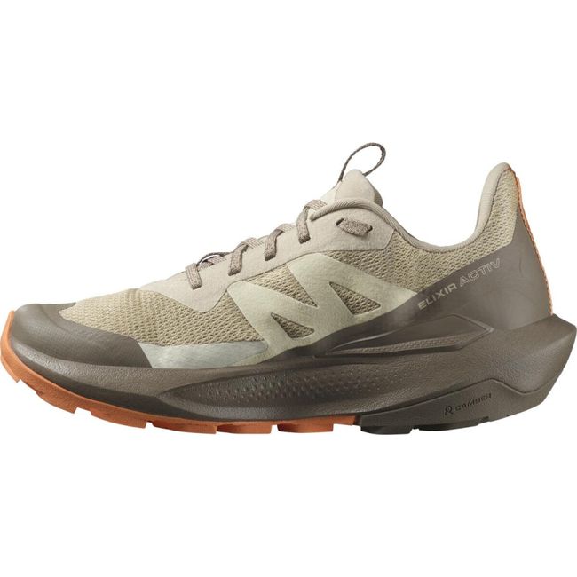 Medial side of Women's Salomon Elixir Active Hiking Shoe in tan and brown