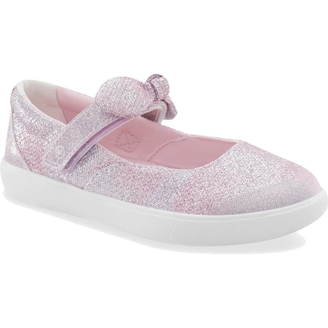 Front angled view of Toddler Stride Rite Selena Mary Jane Shoe in Pink Multi with velcro top strap