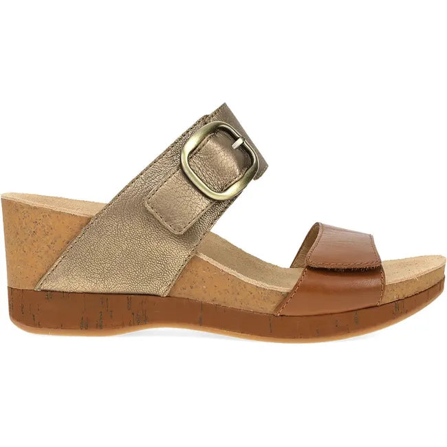 Lateral side of Women's Dansko Shannon Wedge Sandal in tan and gold with velcro straps