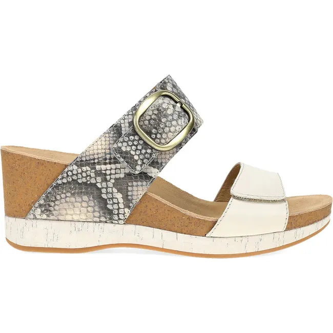 Lateral side of Women's Dansko Shannon Wedge Sandal in gray snakeskin with velcro straps