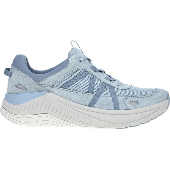 Lateral side of Women's Dansko Poppy Sneaker in sky blue suede with white cushioned sole
