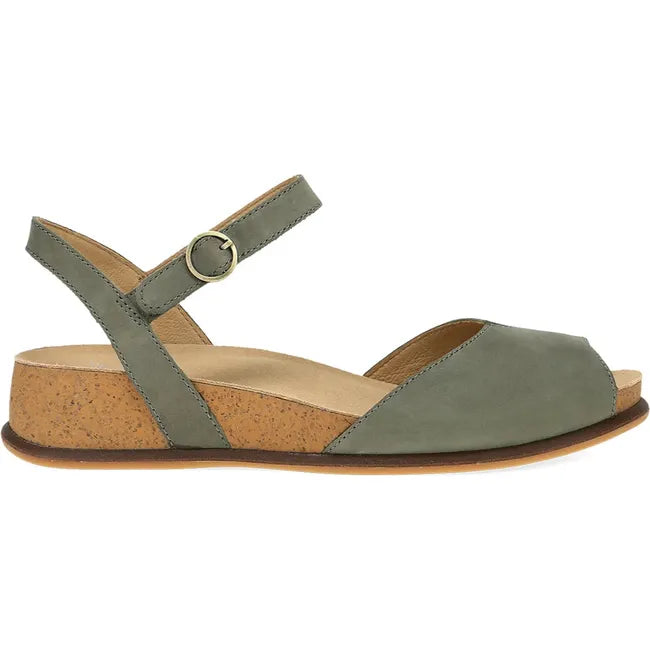 Lateral side of Women's Dansko Cass Sandal in sage green nubuck with velcro backstrap