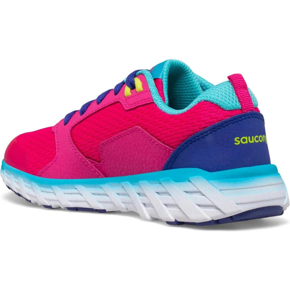Angle of Saucony Kids' Wind 2.0 Sneaker (Toddler/Little Kid/Youth) in Pink/Blue/Green