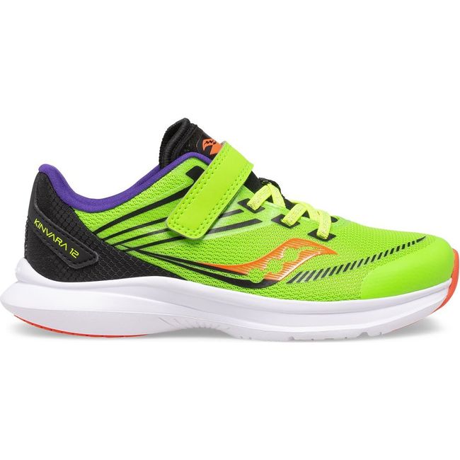 Lateral side of Kids Saucony Kinvara 12 shoe. Vizi Neon green upper a white sol with a velcro strap