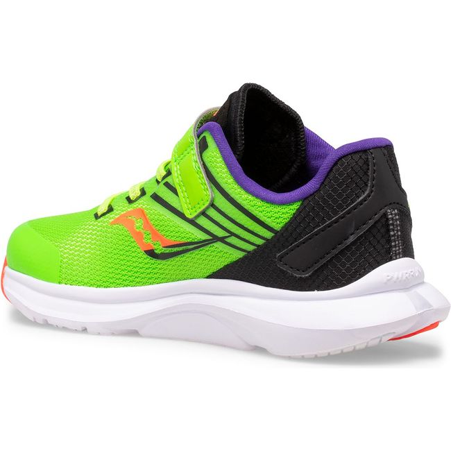 Medial of Kids Saucony Kinvara 12 shoe. Vizi Neon green upper a white sol with a velcro strap