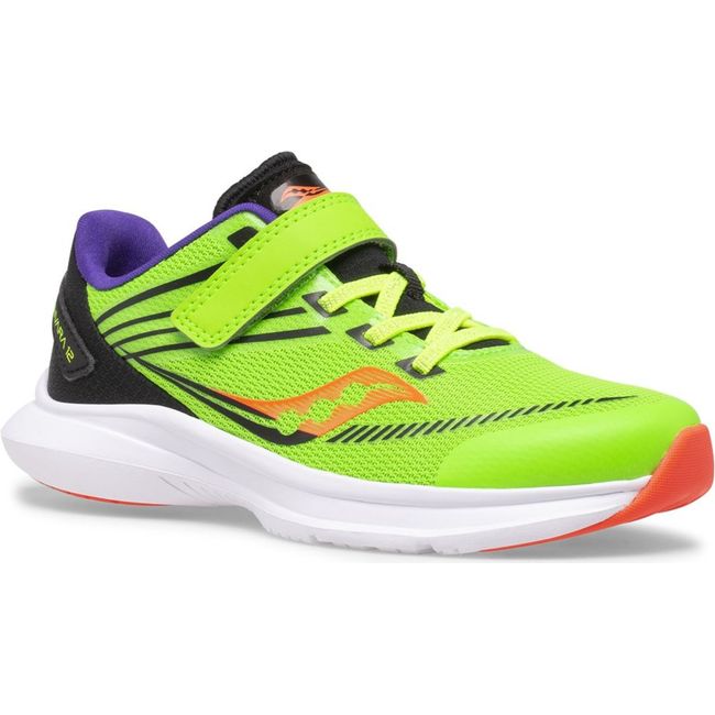 Front of Kids Saucony Kinvara 12 shoe. Vizi Neon green upper a white sol with a velcro strap