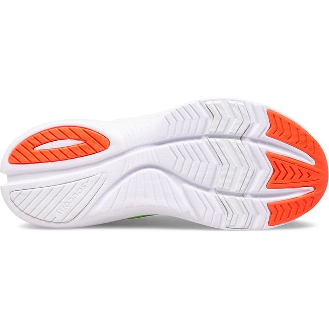 Sole of Kids Saucony Kinvara 12 neon green vizi sneaker. White sole with white and orange tread