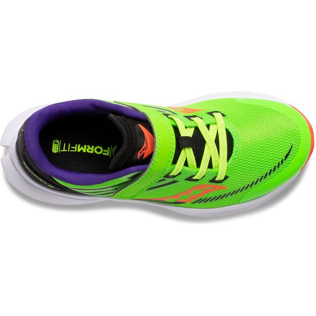 Top down view of Kids Saucony Kinvara 12 shoe. Vizi Neon green upper a white sol with a velcro strap