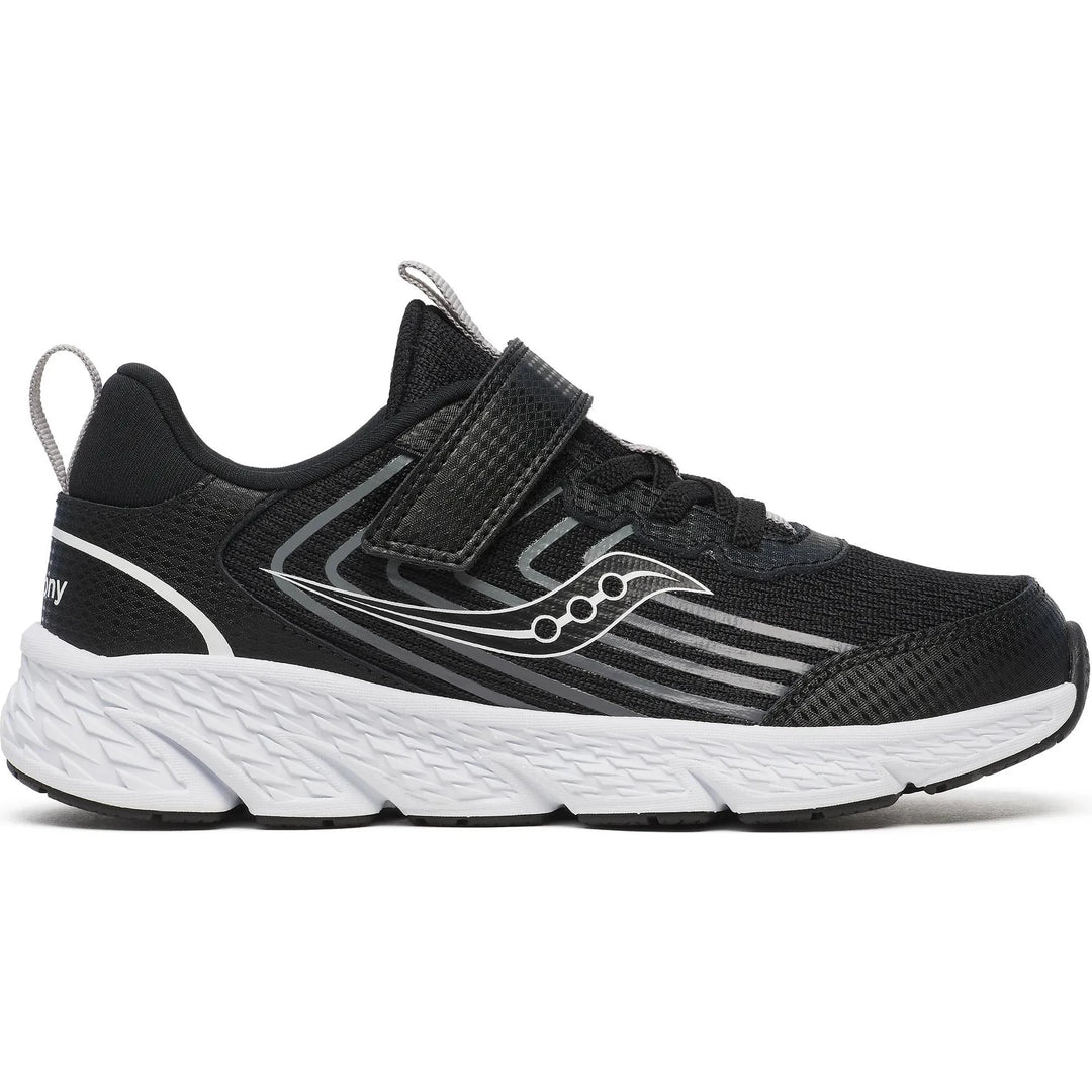 Side of Saucony Kids' Wind 3.0 A/C Sneaker (Toddler/Little Kid/Youth) in Black/White