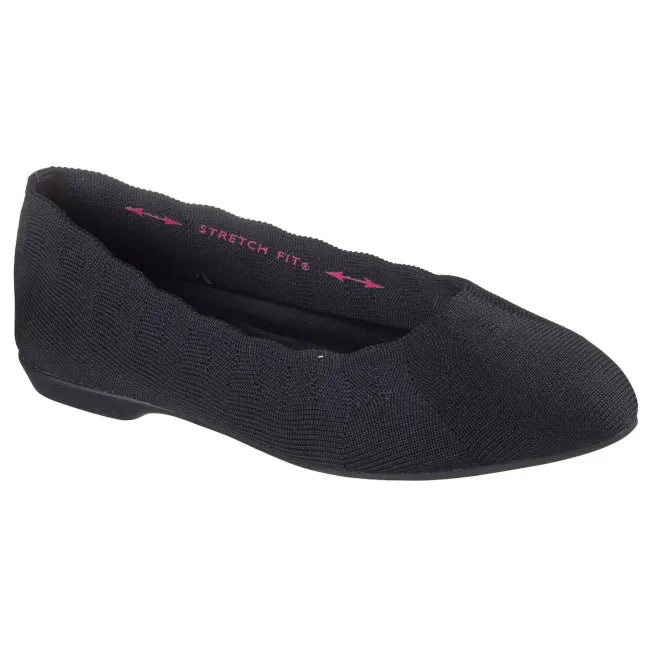 Black Skechers Cleo women’s flat showing knit texture and low-profile sole, side angle.