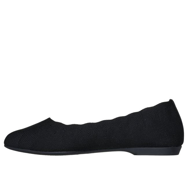 Black Skechers Cleo women’s flat with textured knit upper and scalloped edge, medial side view.