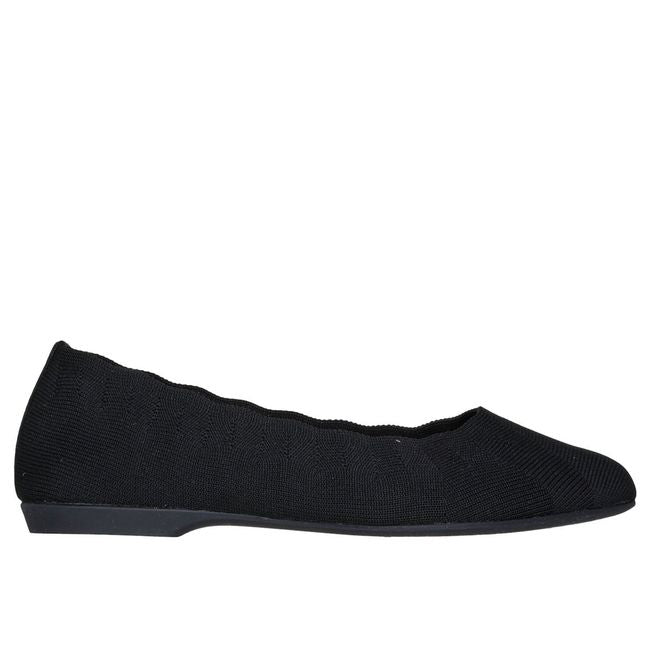 Black Skechers Cleo women’s flat with textured knit upper and scalloped edge, side view.
