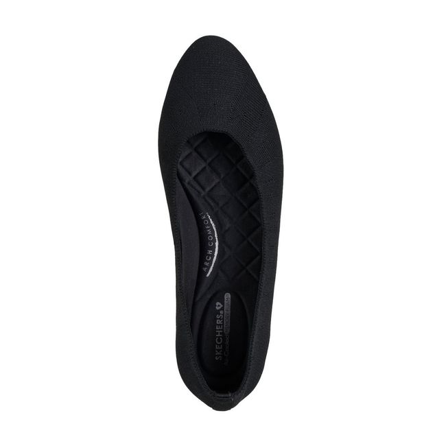 Top-down view of black Skechers Cleo women’s flat with quilted cushioned insole.