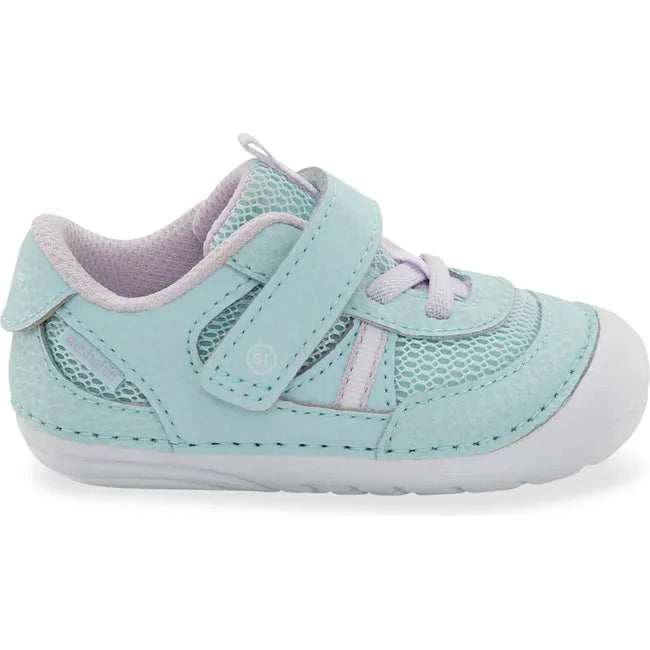 Lateral side of Infant Stride Rite Kids' Apollo Sneaker in Aqua Light Blue with velcro