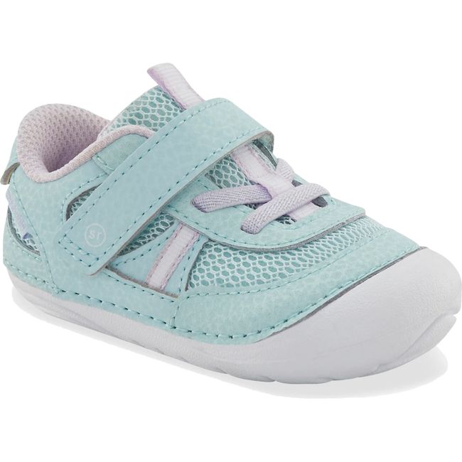 Front angled view of Infant Stride Rite Kids' Apollo Sneaker in Aqua Light Blue with velcro