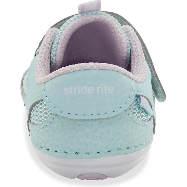 Heel of Infant Stride Rite Kids' Apollo Sneaker in Aqua Light Blue with velcro