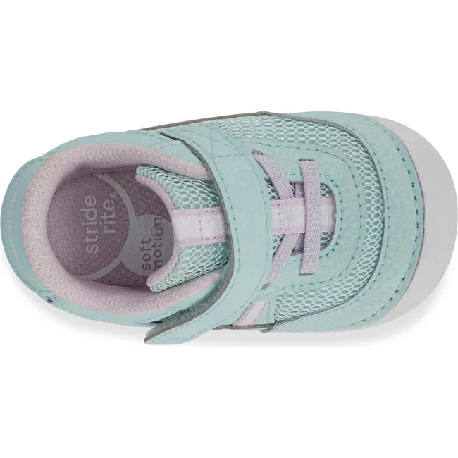 Upper of Infant Stride Rite Kids' Apollo Sneaker in Aqua Light Blue with velcro