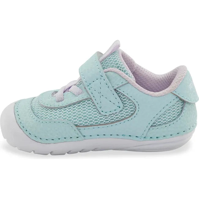 Medial side of Infant Stride Rite Kids' Apollo Sneaker in Aqua Light Blue with velcro