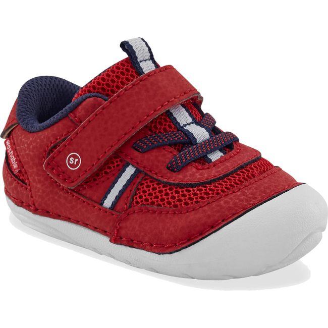 Front angled view of Infant Stride Rite Kids' Apollo Sneaker in Red with velcro