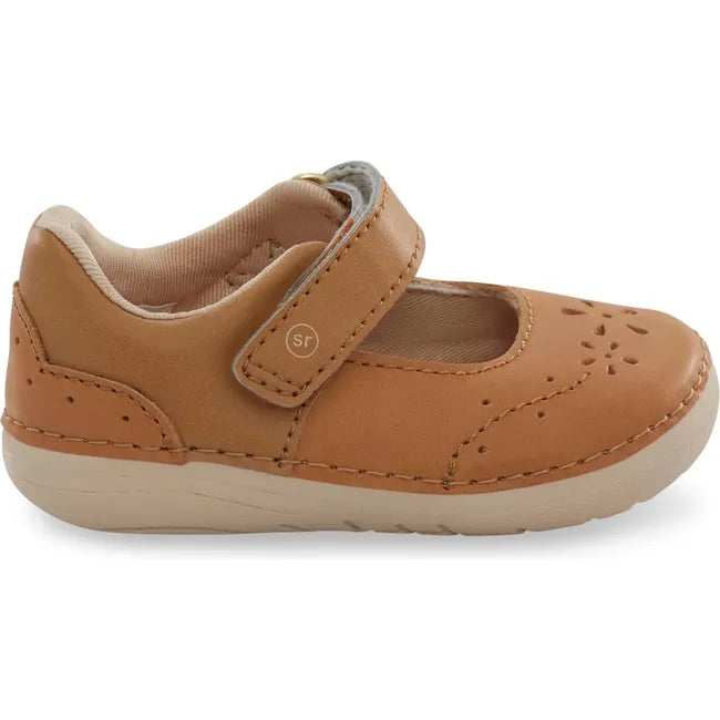 Lateral side of Kids Faye Stride Rite Mary Jane Shoe in honey tan leather with velcro strap