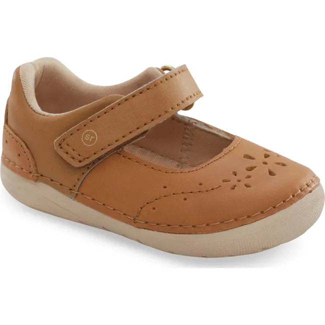 Front angled view of Kids Faye Stride Rite Mary Jane Shoe in honey tan leather with velcro strap