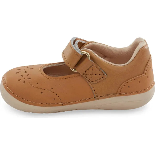 Medial side of Kids Faye Stride Rite Mary Jane Shoe in honey tan leather with velcro strap