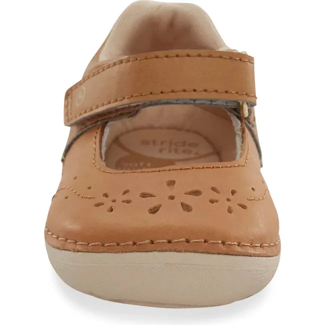 Front of Kids Faye Stride Rite Mary Jane Shoe in honey tan leather with velcro strap
