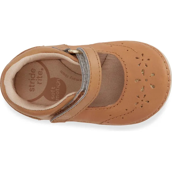 Top down view of Kids Faye Stride Rite Mary Jane Shoe in honey tan leather with velcro strap