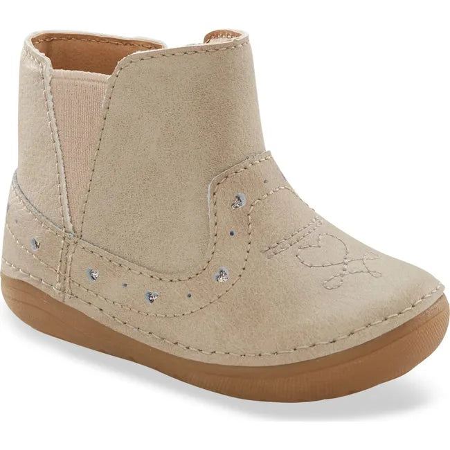 Front angled view Kids Stride Rite Gigi Boot in taupe