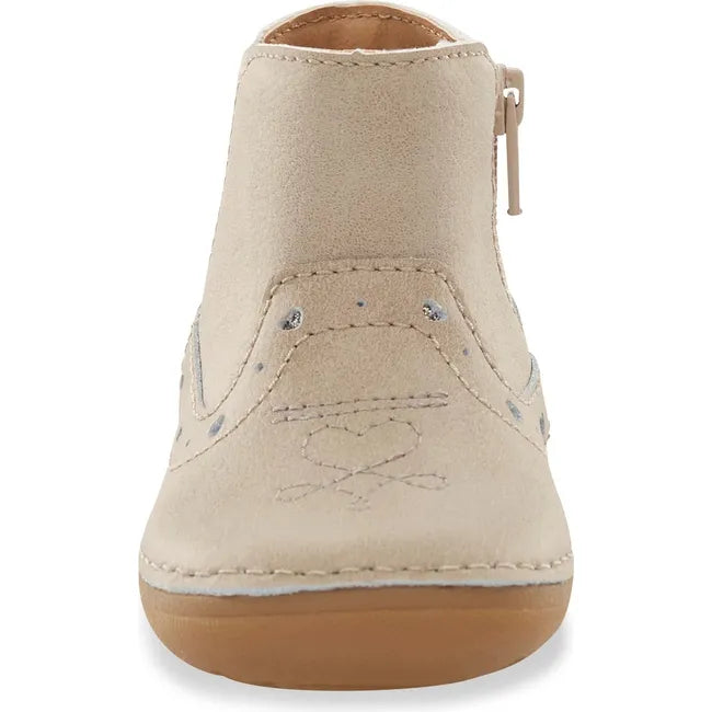 Front of Kids Stride Rite Gigi Boot in taupe with side zipper