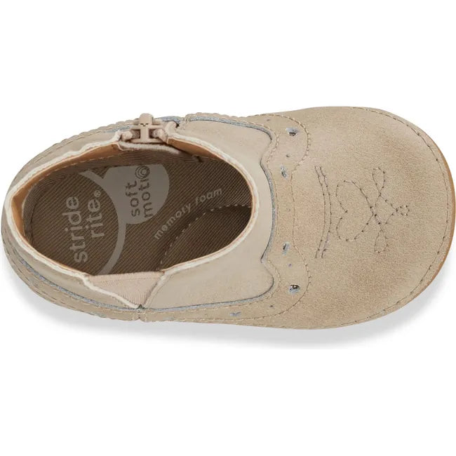 Top down view of Kids Stride Rite Gigi Boot in taupe with side zipper