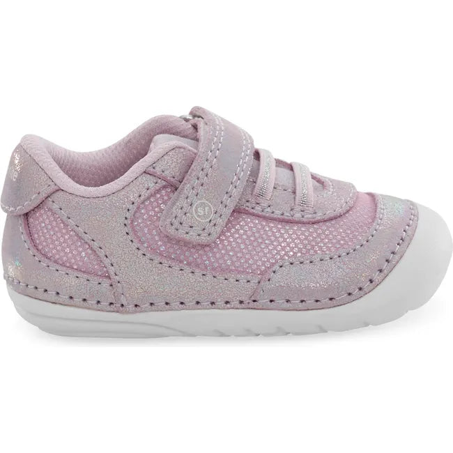 Lateral side of Kids Stride Rite Jazzy Sneaker in purple with a velcro strap and white sole