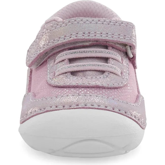 Front of Kids Stride Rite Jazzy Sneaker in purple with a velcro strap and white sole