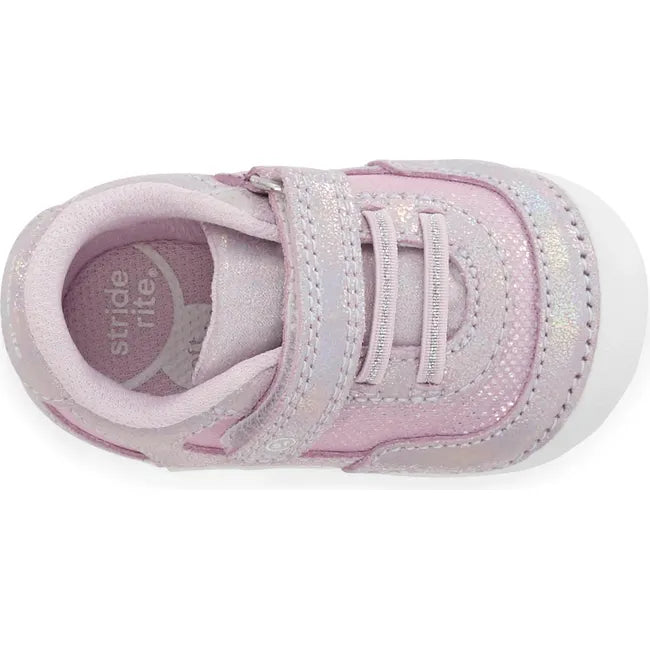 Top down view of Kids Stride Rite Jazzy Sneaker in purple with a velcro strap and white sole