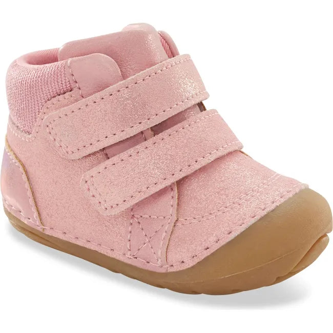 Front angled view of Stride Rite Kids Shoes Martin Boot in pink with two velcro straps and tan sole