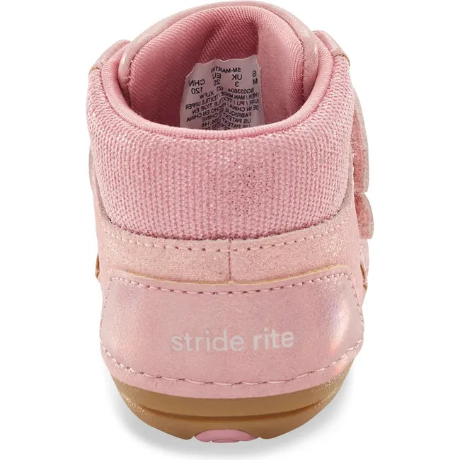 Heel of Stride Rite Kids Shoes Martin Boot in pink with two velcro straps and tan sole