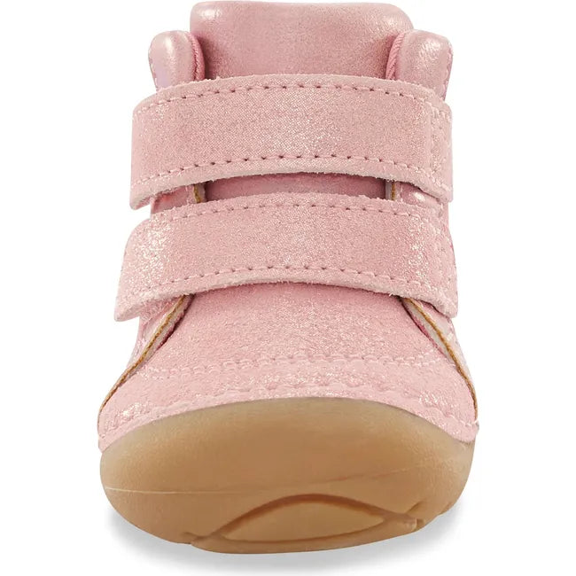 Front of Stride Rite Kids Shoes Martin Boot in pink with two velcro straps and tan sole